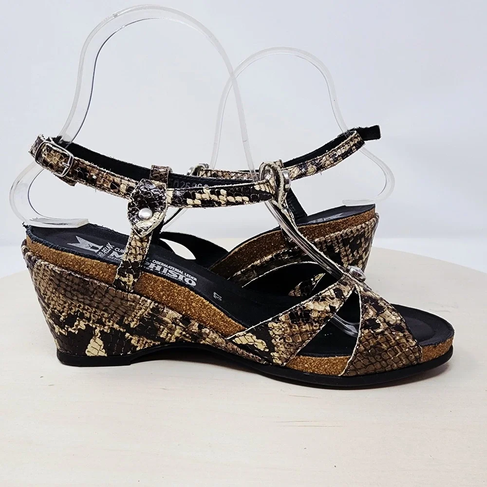 Mephisto Wedge Sandal US 7 Women Snake Print Leather Cork EU 37 Feminine T Strap